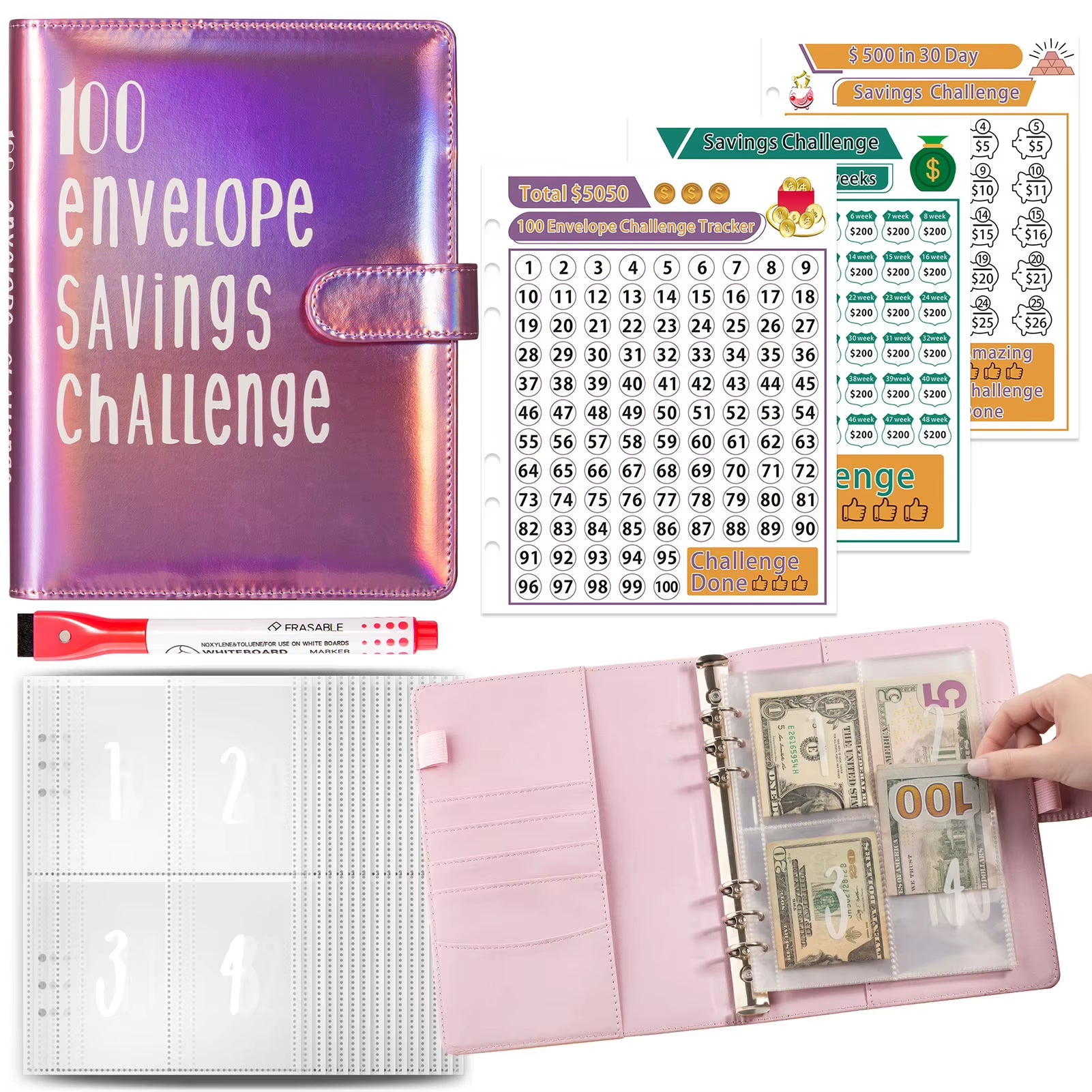 100 Envelope Challenge Binder Book Planner Money Savings Binder Gift for Children'S Day Thanksgiving