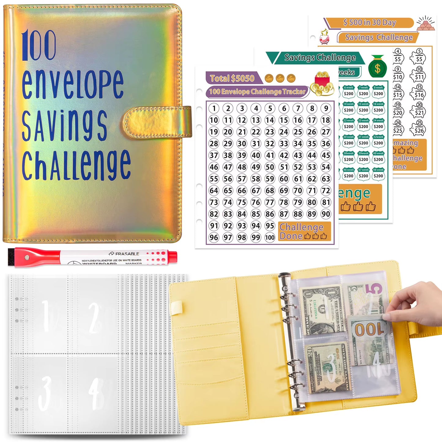 100 Envelope Challenge Binder Book Planner Money Savings Binder Gift for Children'S Day Thanksgiving